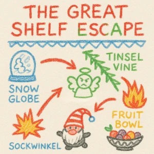 The Great Shelf Escape Plan (drawn in crayon by Sockwinkel)